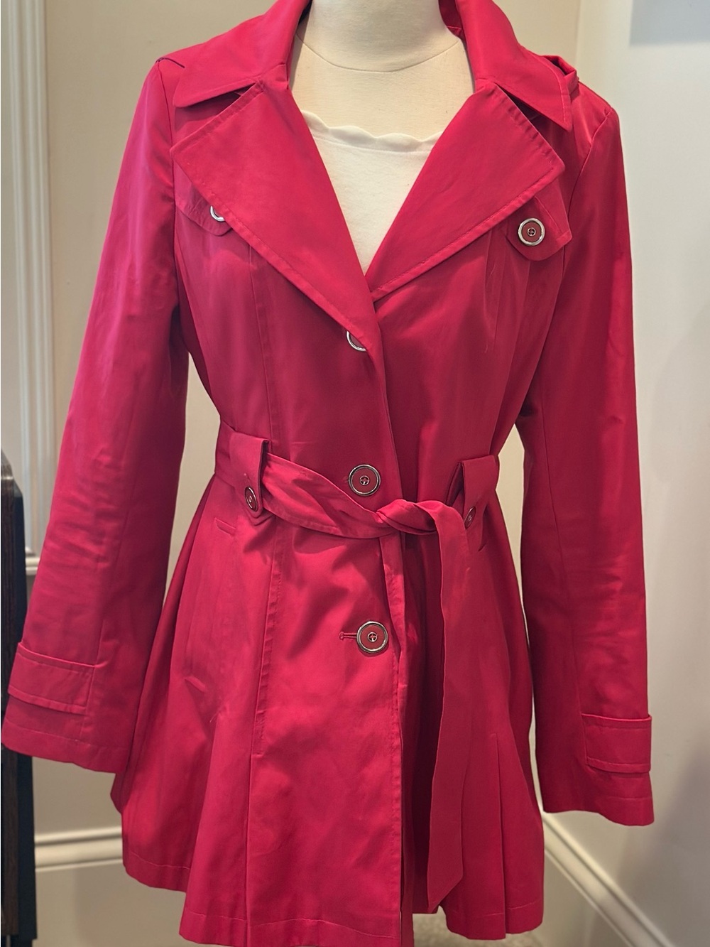 Via Spiga Watermelon Pink Hooded Belted Trench Coat Chevron Lining Size LG